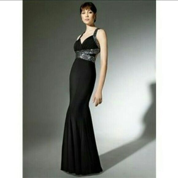 Hailey Logan by Adrianna Papell Black Embellished Gown Criss Cross Back Size 3/4 - Picture 2 of 16